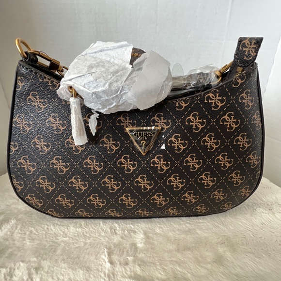 Guess alexie top zip shoulder bag brown logo Clearance